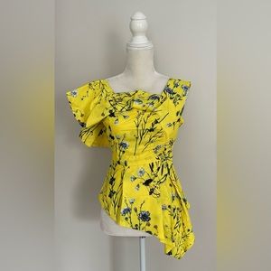 NWT TwoTwinStyle Yellow Blue Floral Asymmetrical Sleeveless Blouse Top XS 0
